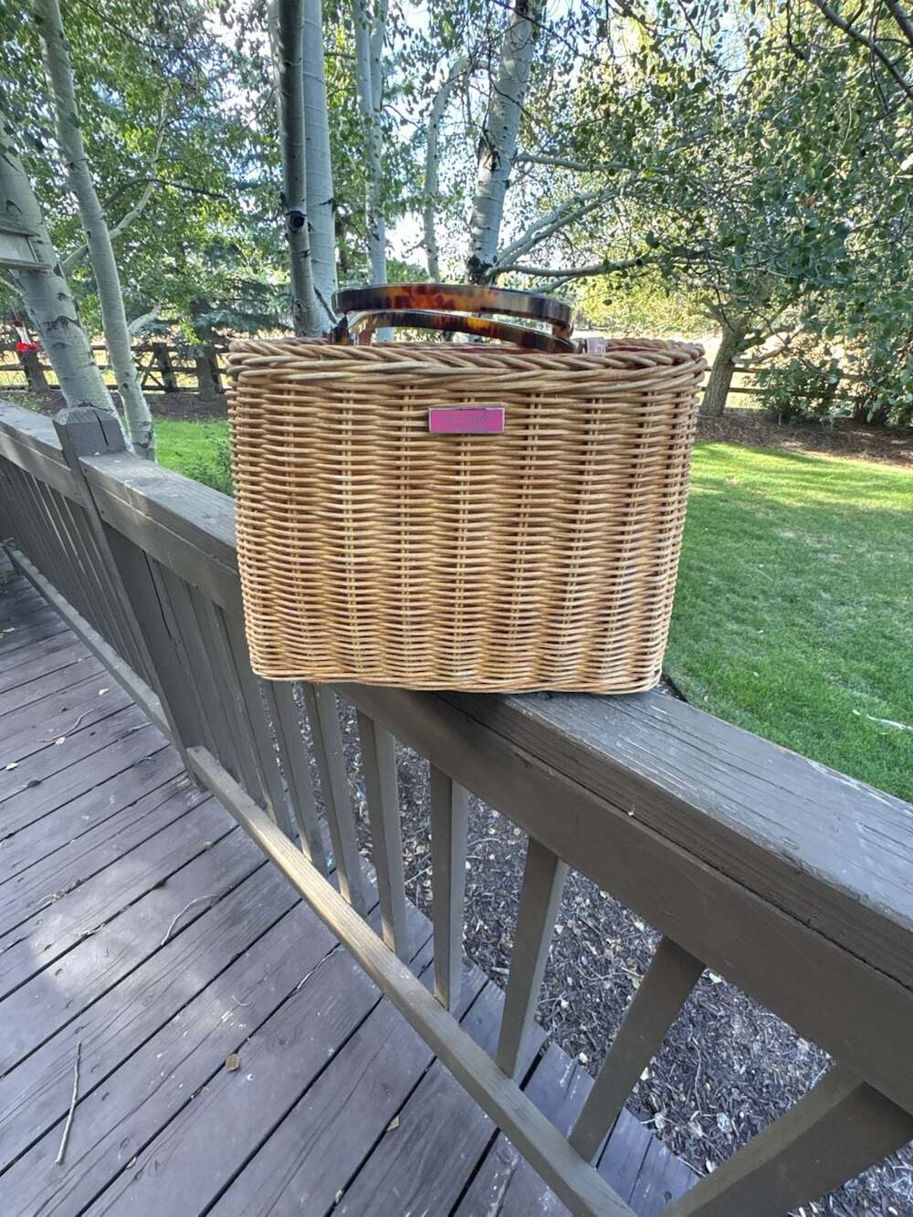 Kate Spade Wicker Handbag Pink Interior Tortoiseshell Handles